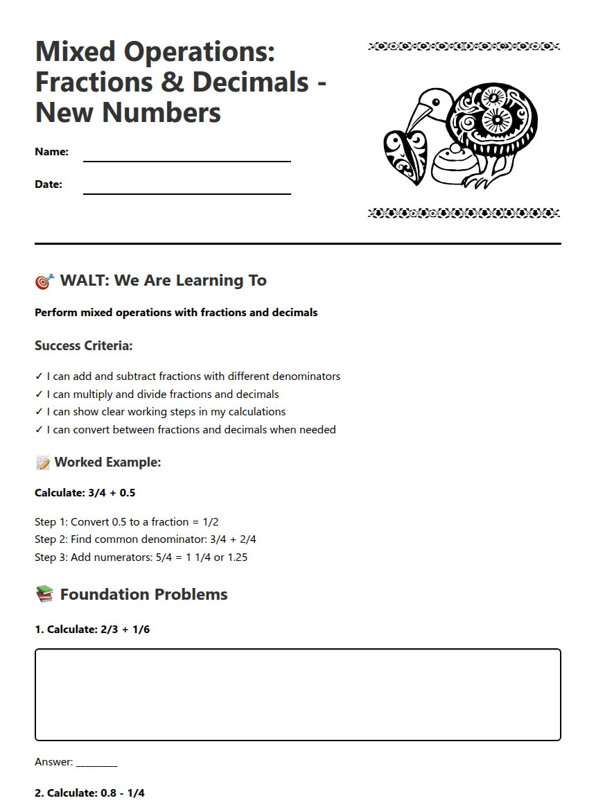 Mixed Operations: Fractions & Decimals worksheet preview