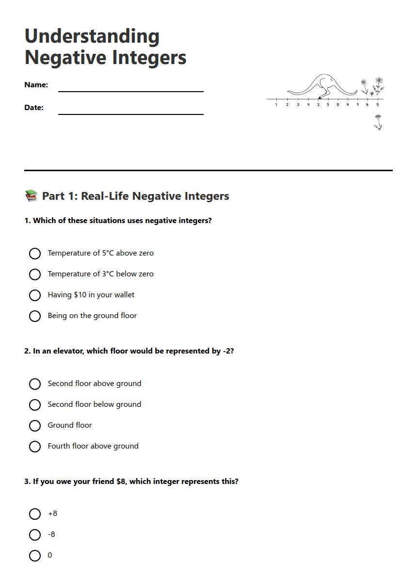 Understanding Negative Integers worksheet preview
