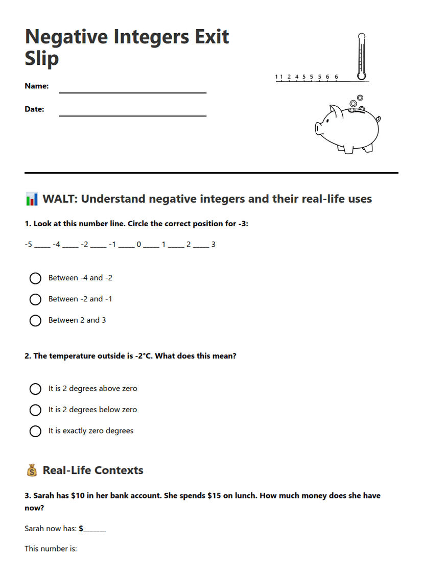 Negative Integers Exit Slip