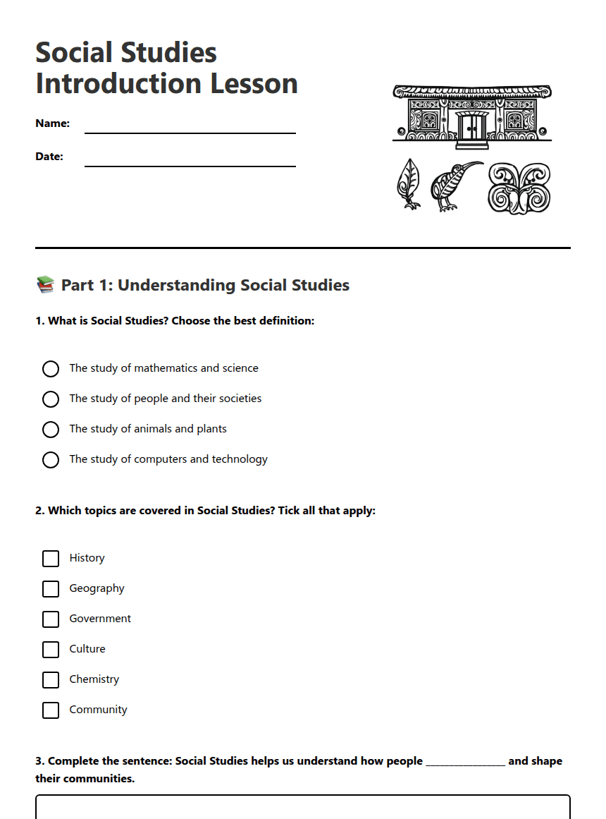 Social Studies Introduction Lesson worksheet preview