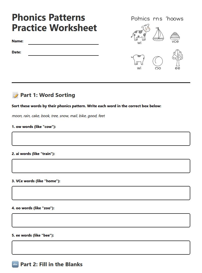 Phonics Patterns Practice Worksheet worksheet preview