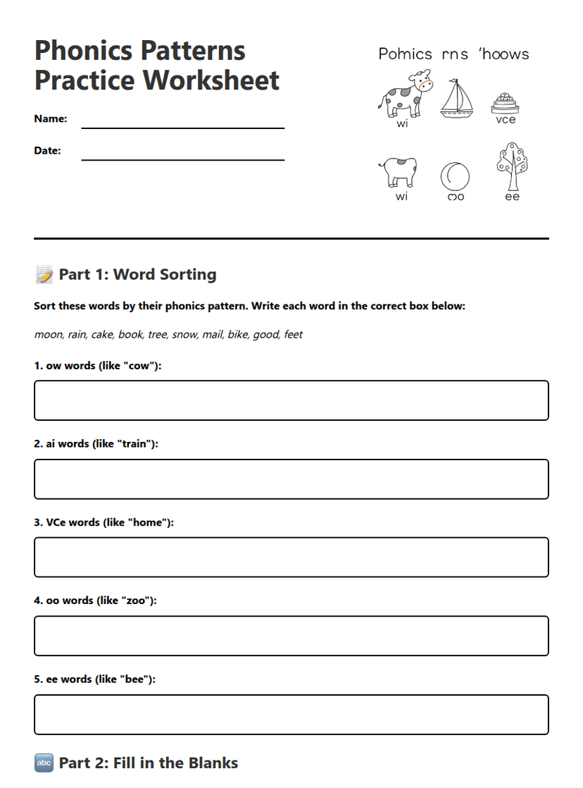 Phonics Patterns Practice Worksheet
