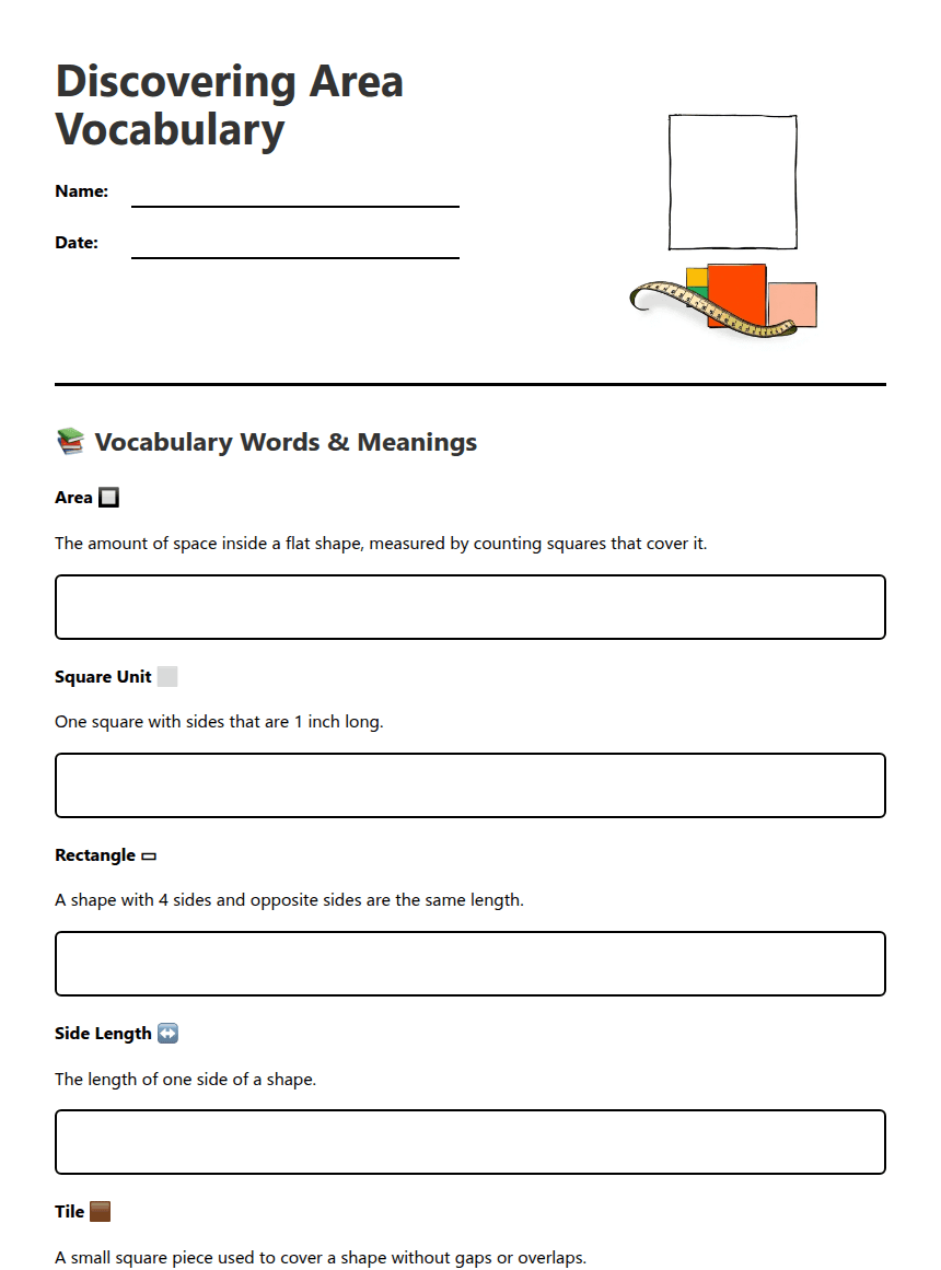 Discovering Area Vocabulary worksheet preview