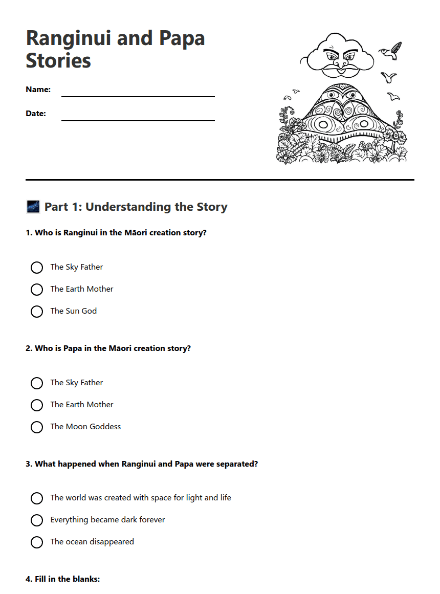 Ranginui and Papa Stories worksheet preview