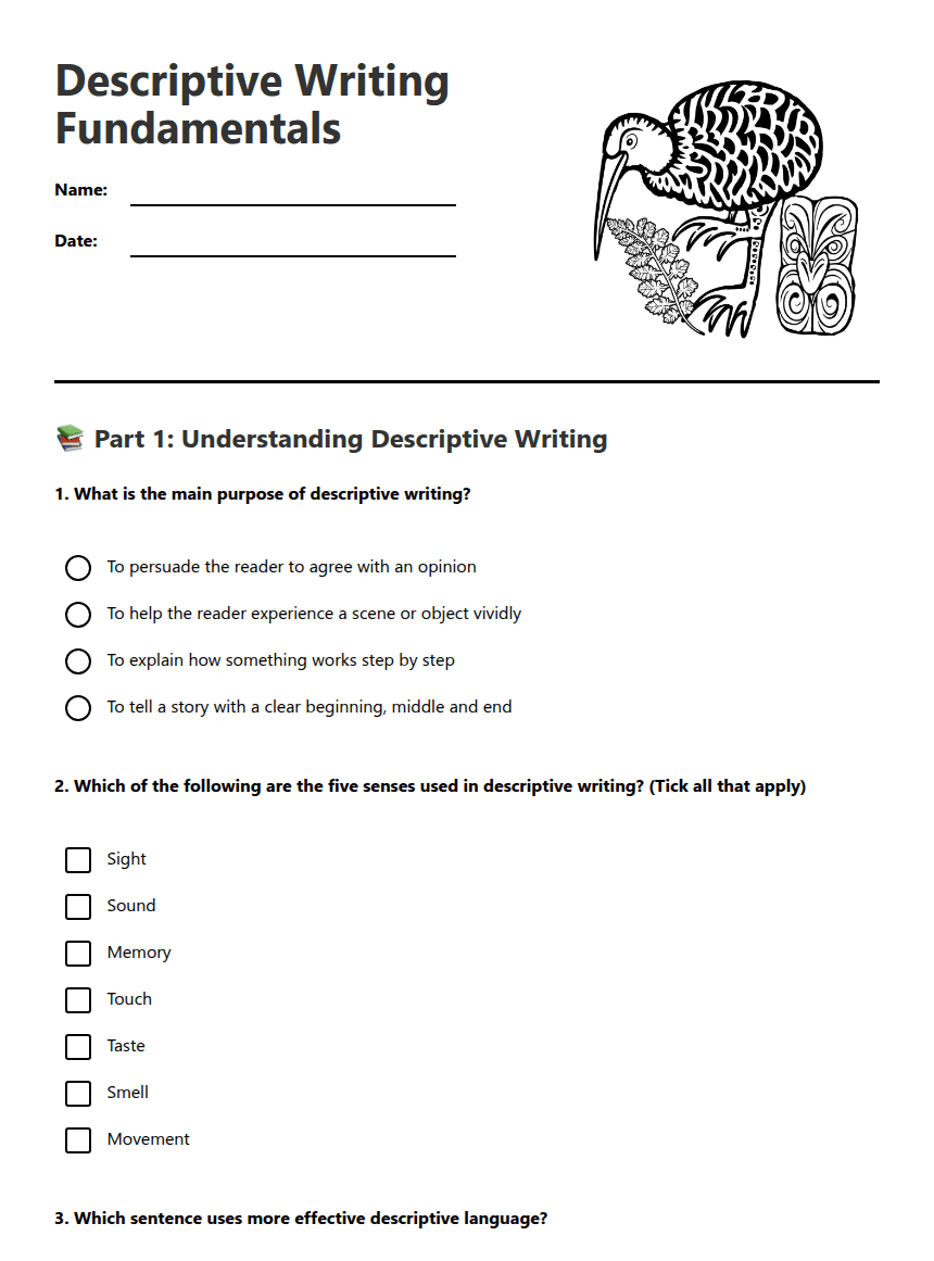 Descriptive Writing Fundamentals worksheet preview