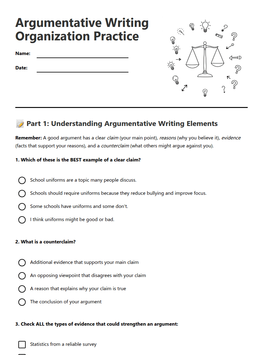Argumentative Writing Organization Practice worksheet preview