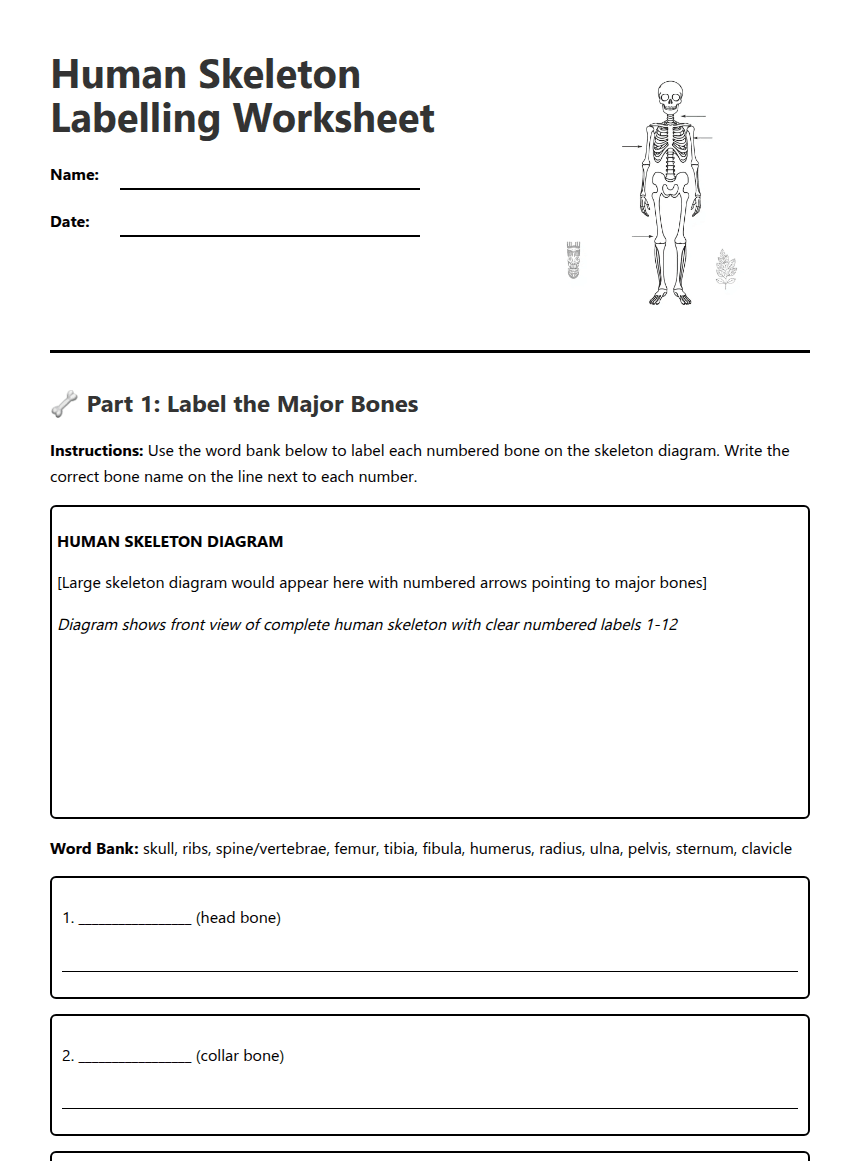 Human Skeleton Labeling Worksheet worksheet preview