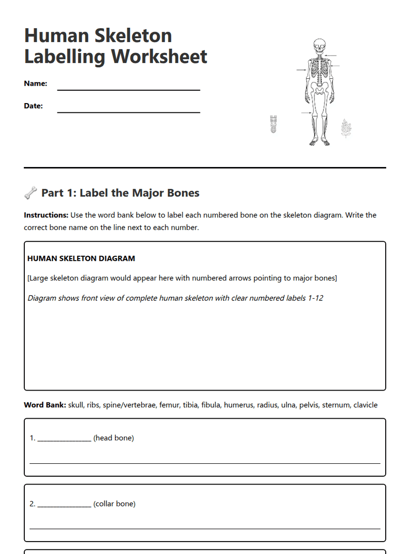 Human Skeleton Labeling Worksheet