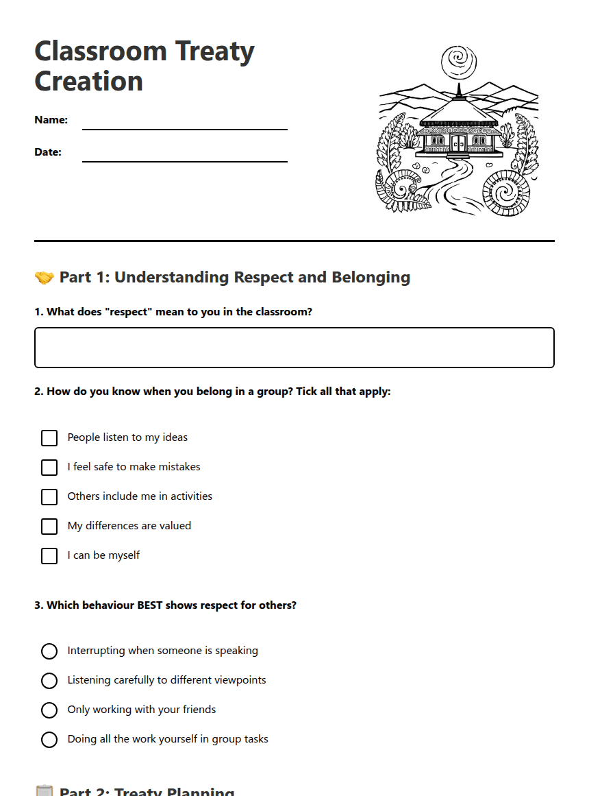 Classroom Treaty Creation worksheet preview