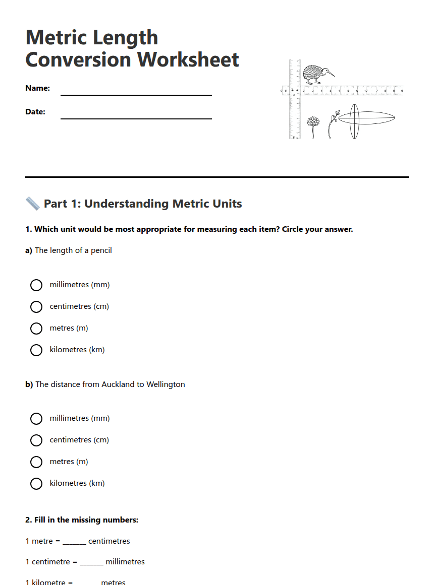 Metric Length Conversion Worksheet worksheet preview