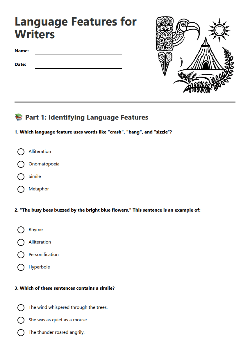 Language Features for Writers worksheet preview