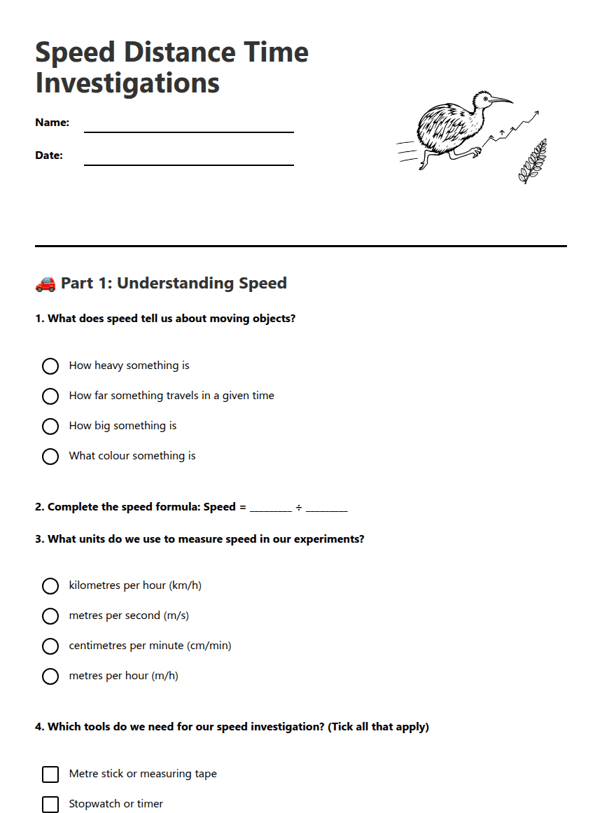 Speed Distance Time Investigations worksheet preview