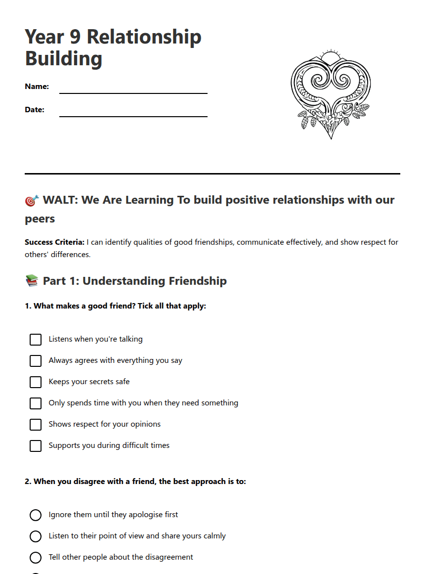 Year 9 Relationship Building worksheet preview