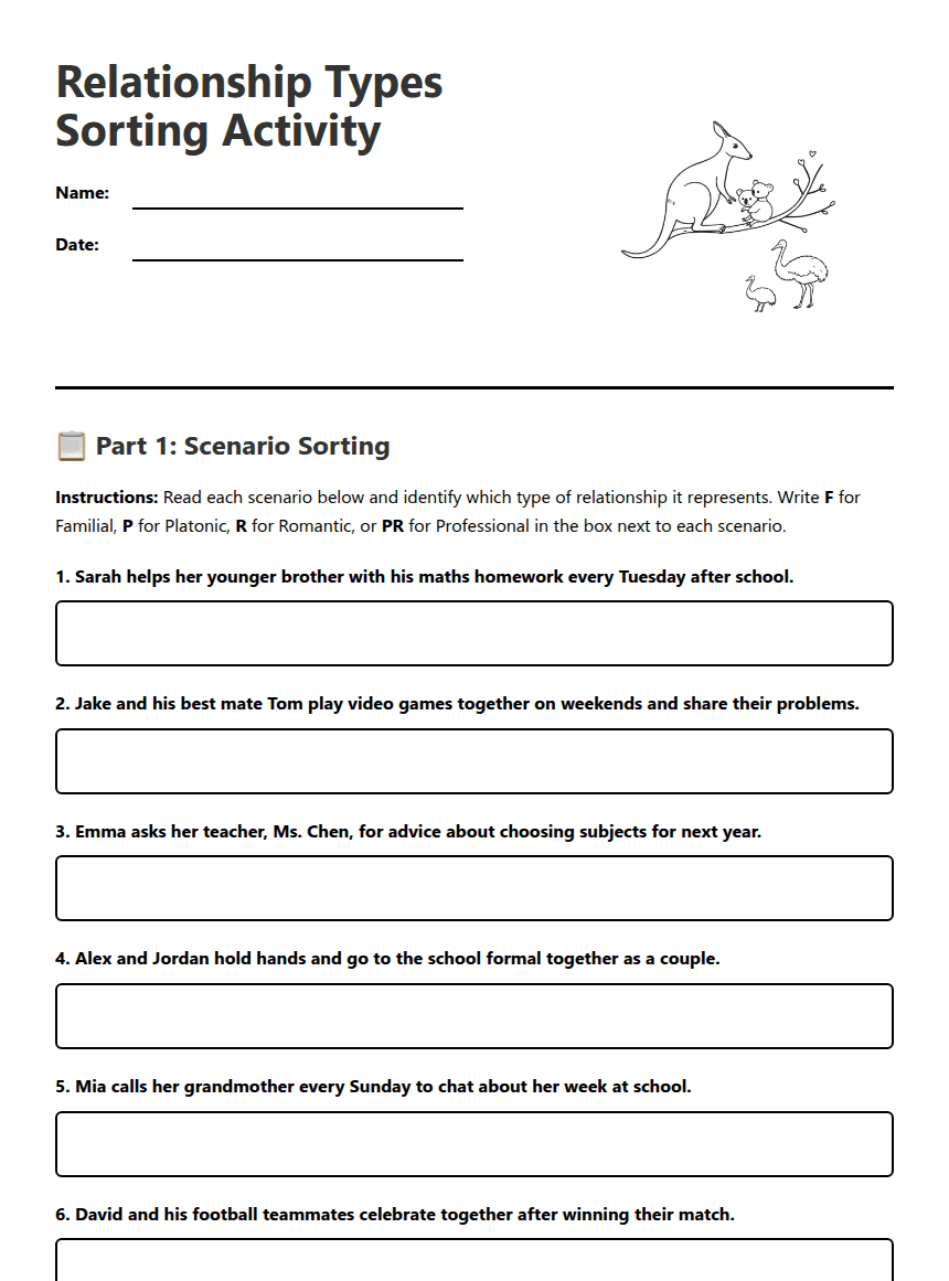 Relationship Types Sorting Activity worksheet preview