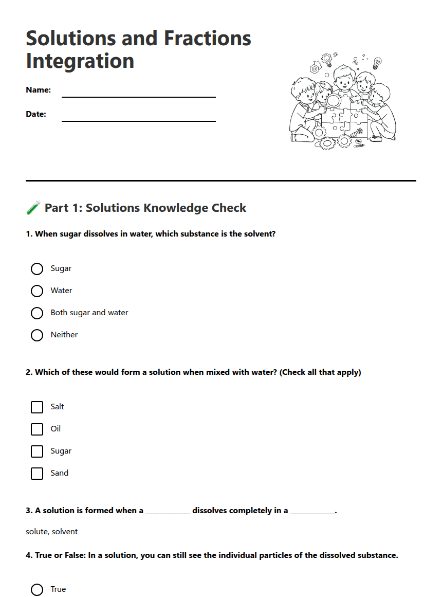 Solutions and Fractions Integration worksheet preview