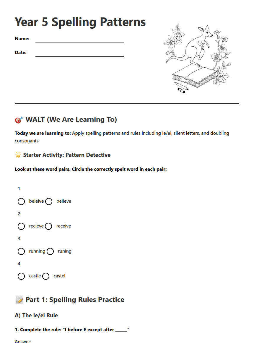 Year 5 Spelling Patterns worksheet preview