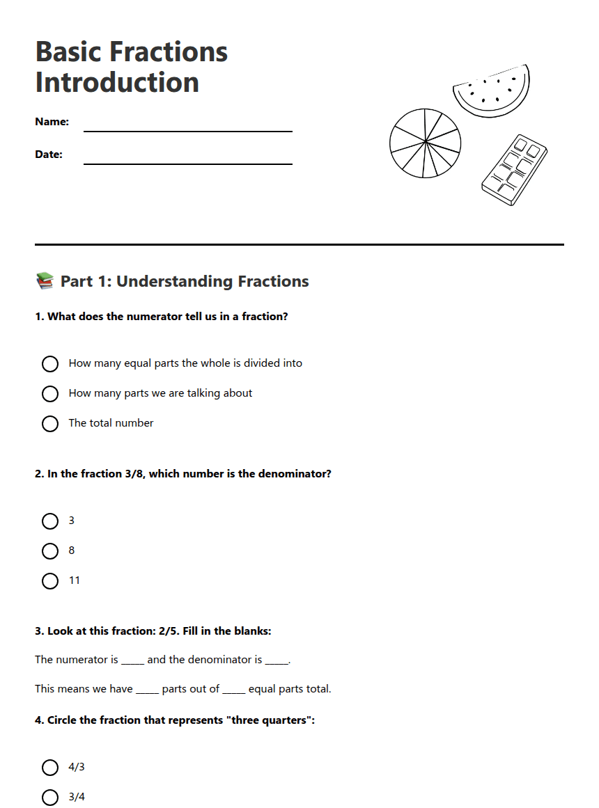 Basic Fractions Introduction worksheet preview