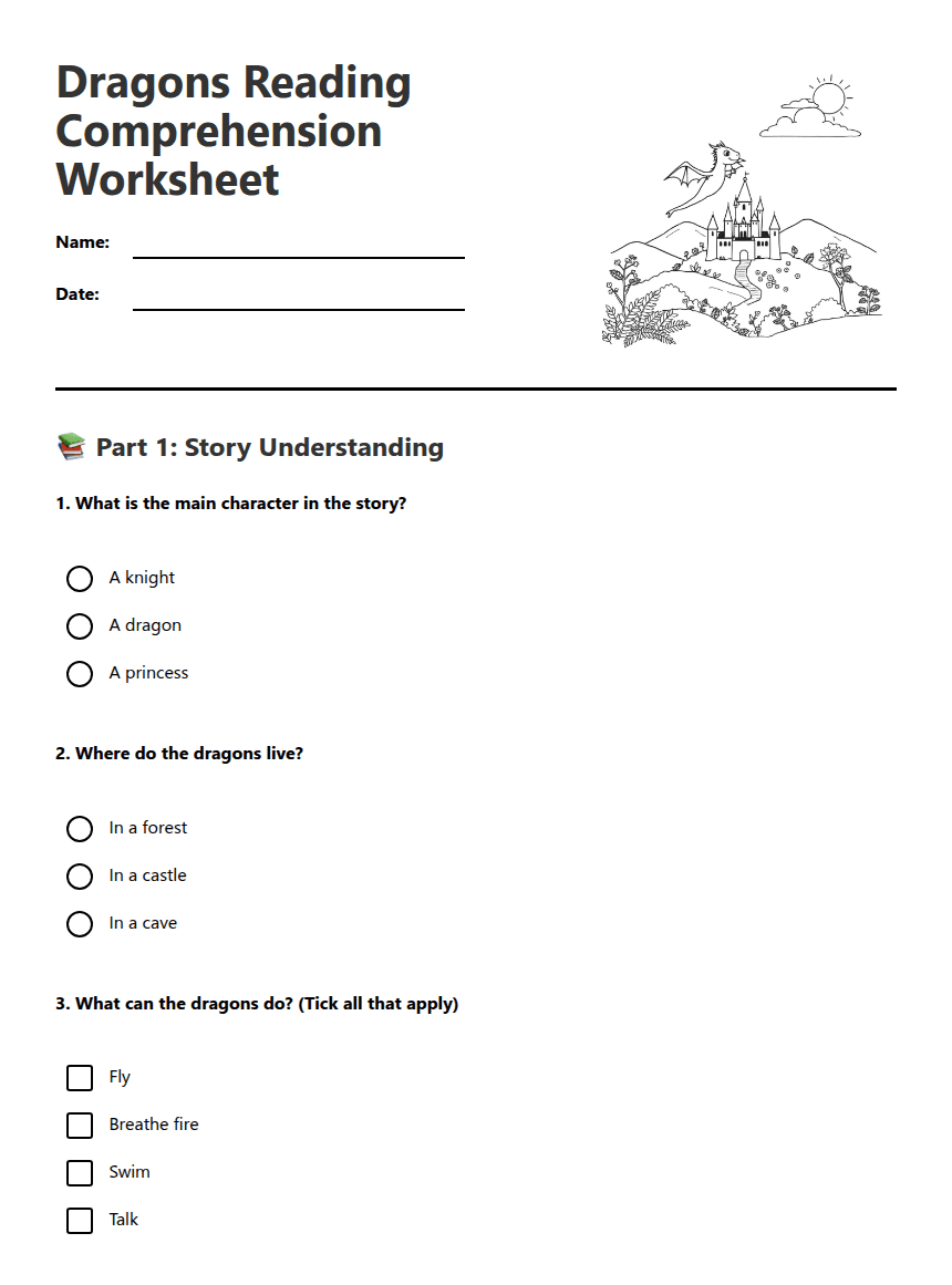 Dragons Reading Comprehension Worksheet worksheet preview