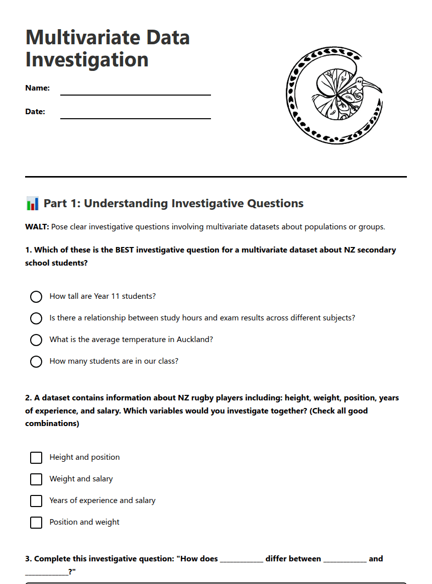 Multivariate Data Investigation worksheet preview