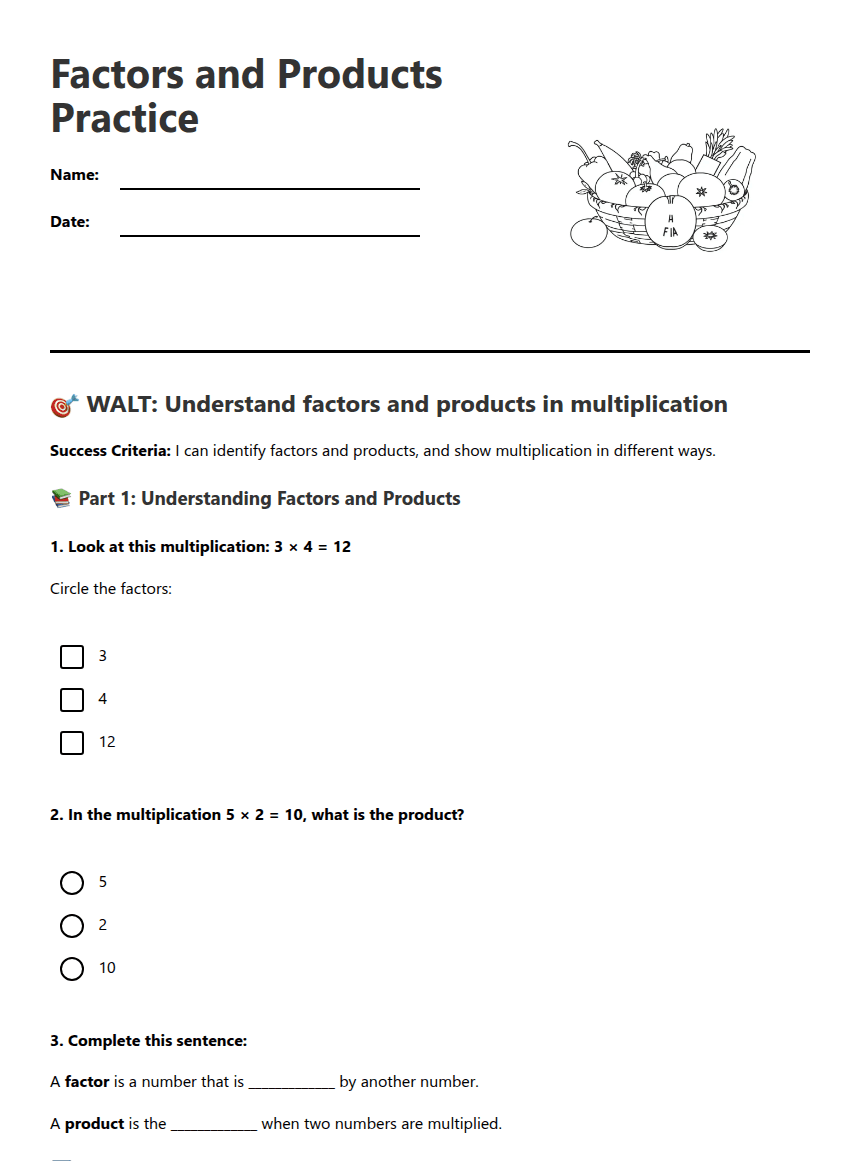 Factors and Products Practice worksheet preview