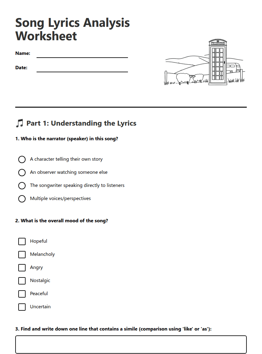 Song Lyrics Analysis Worksheet worksheet preview