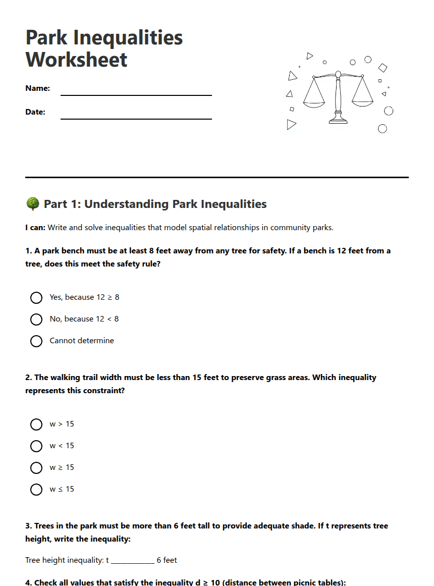 Park Inequalities Worksheet worksheet preview