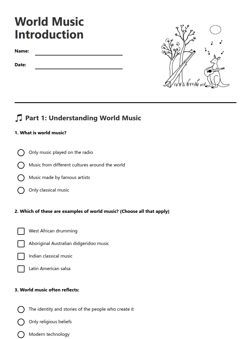 World Music Introduction worksheet preview