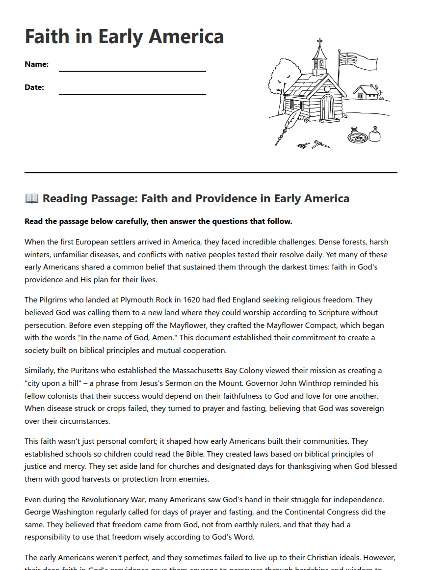 Faith in Early America worksheet preview