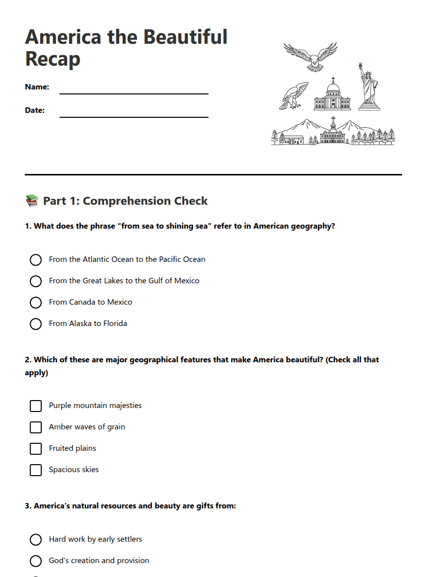 America the Beautiful Recap worksheet preview