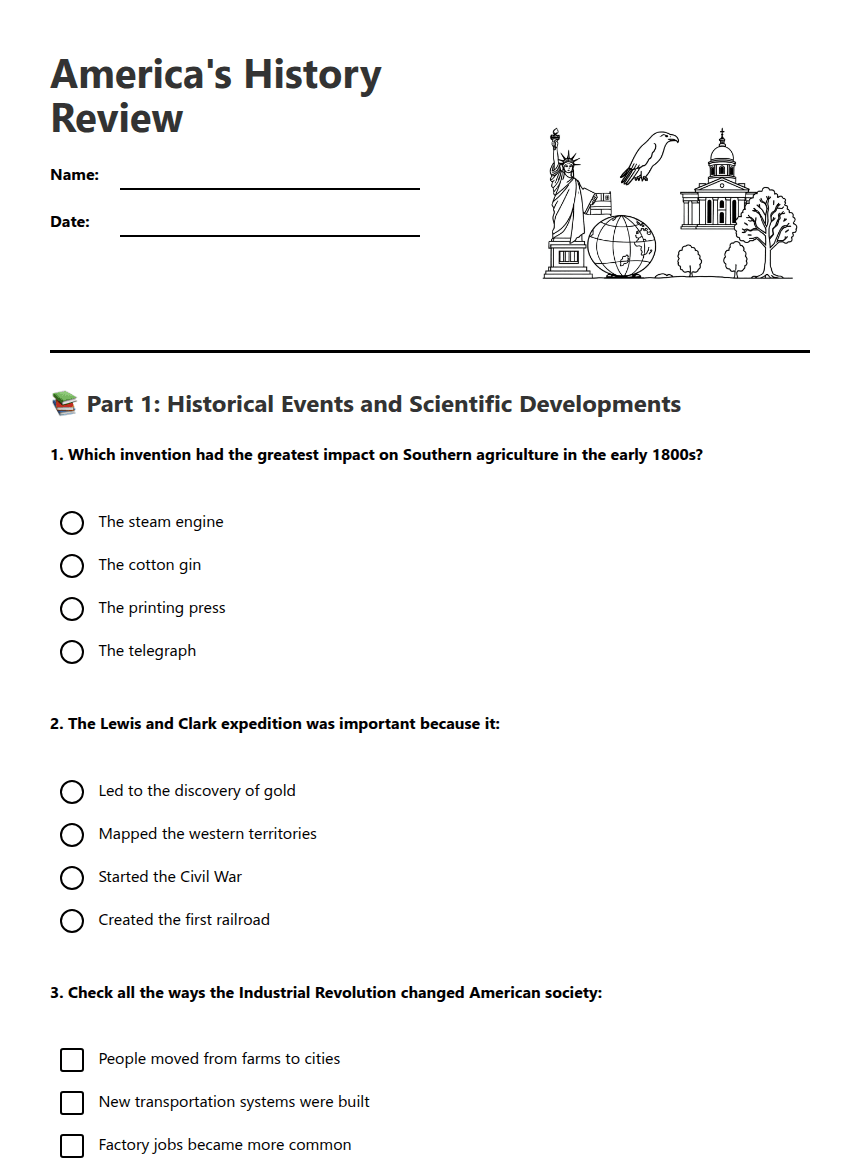 America's History Review worksheet preview