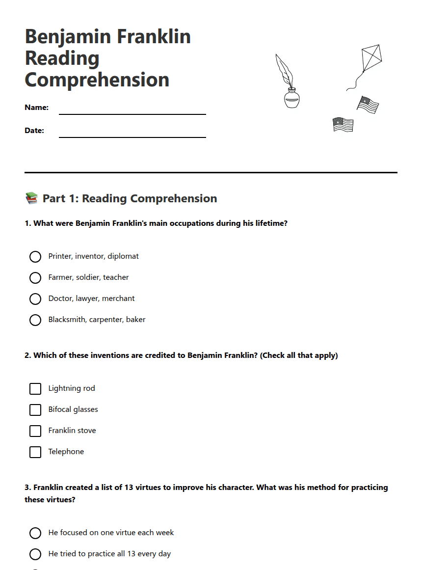 Benjamin Franklin Reading Comprehension worksheet preview