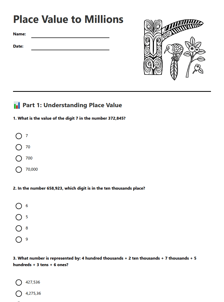Place Value to Millions worksheet preview