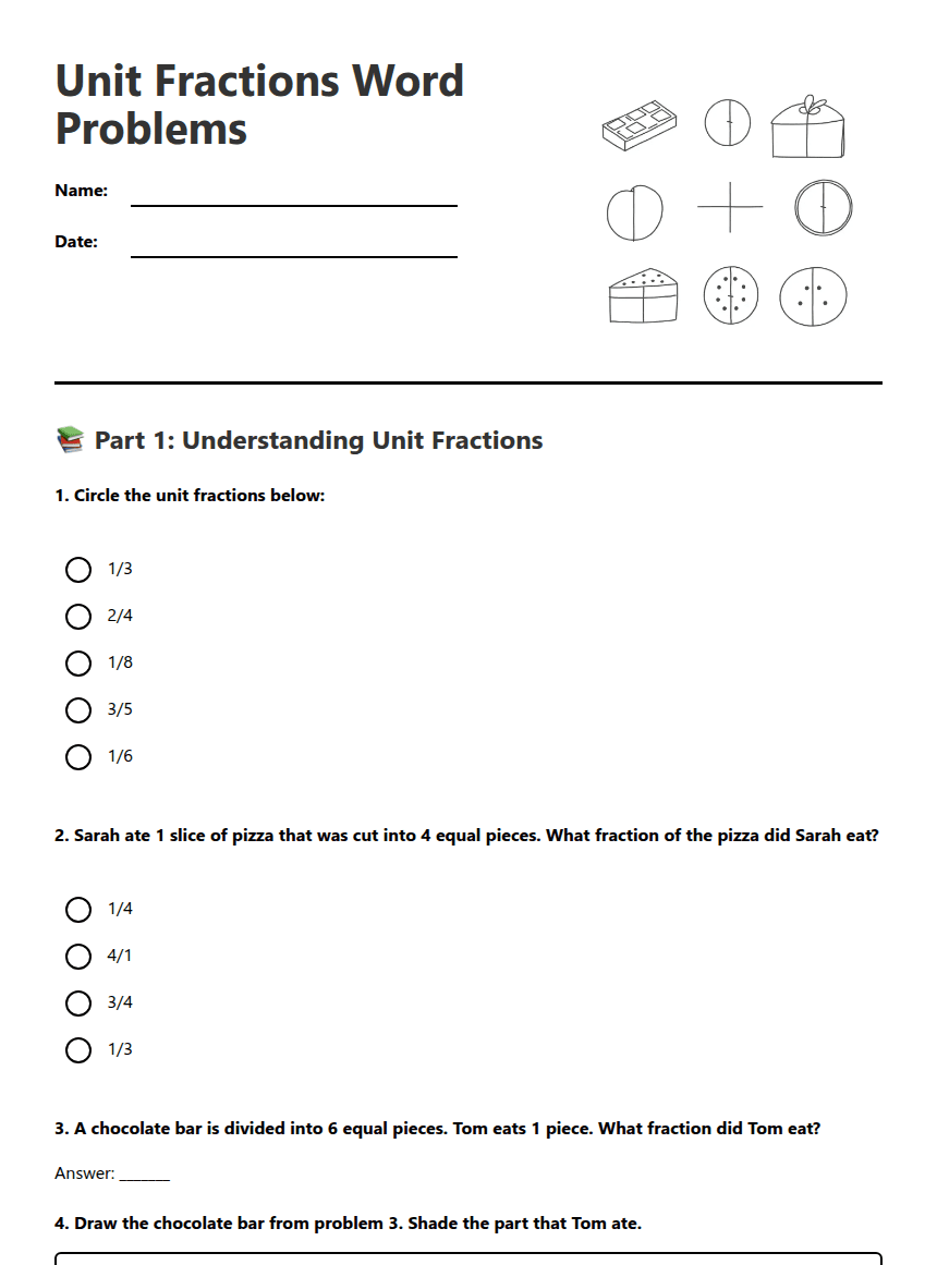 Unit Fractions Word Problems worksheet preview