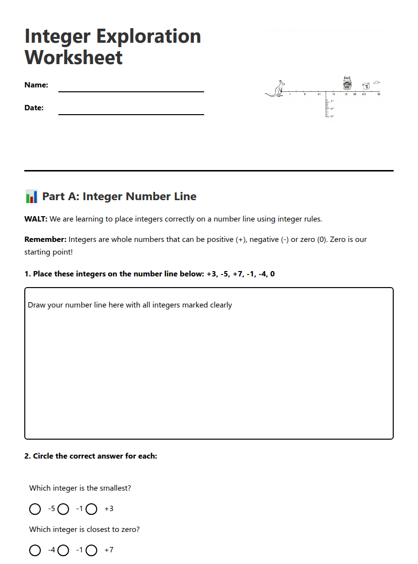 Integer Exploration Worksheet worksheet preview