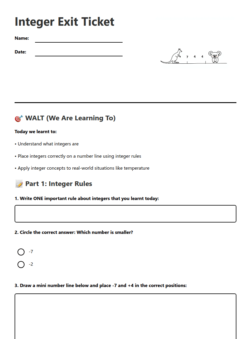 Integer Exit Ticket worksheet preview