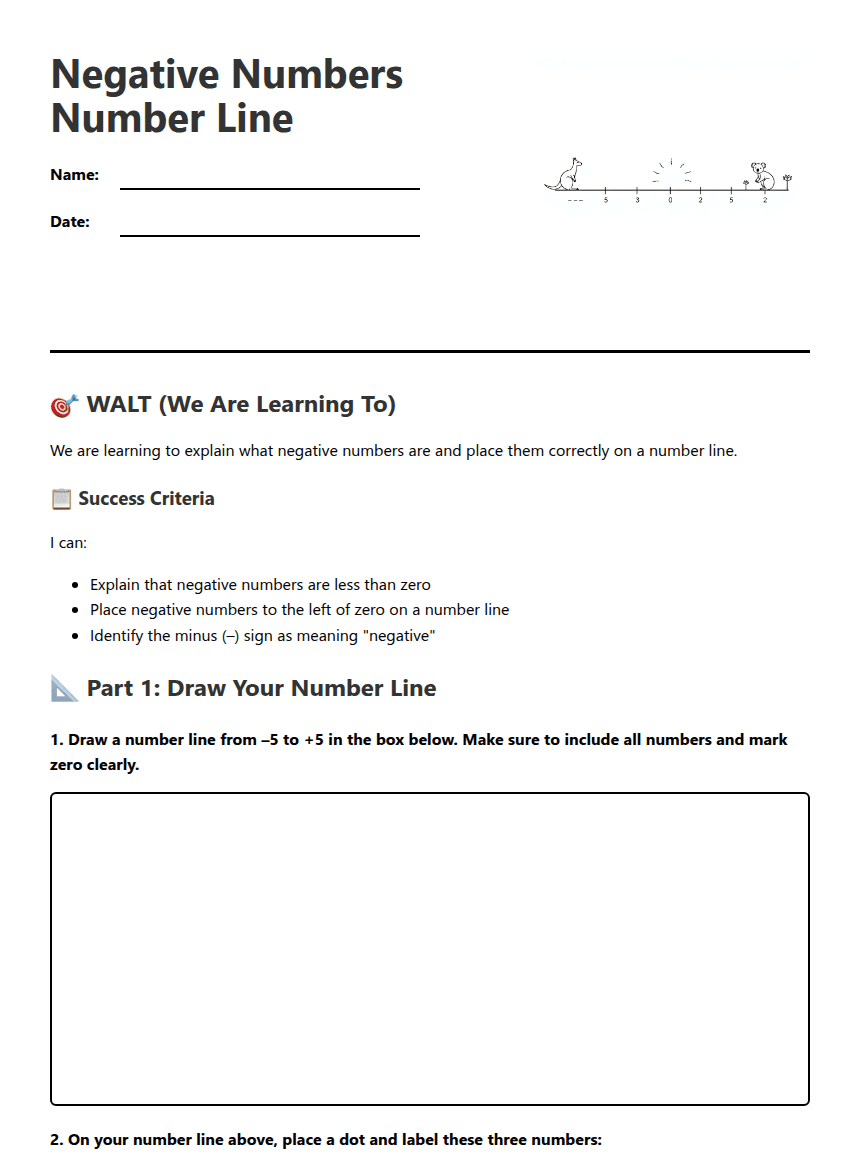 Negative Numbers Number Line worksheet preview