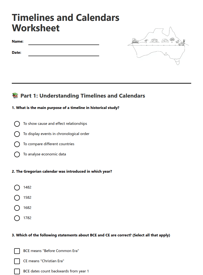 Timelines and Calendars Worksheet worksheet preview