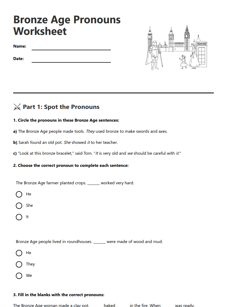 Bronze Age Pronouns Worksheet worksheet preview