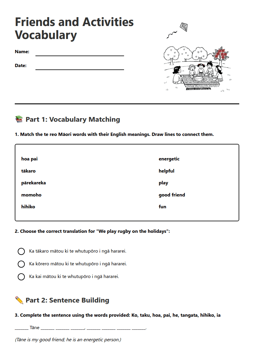 Friends and Activities Vocabulary worksheet preview