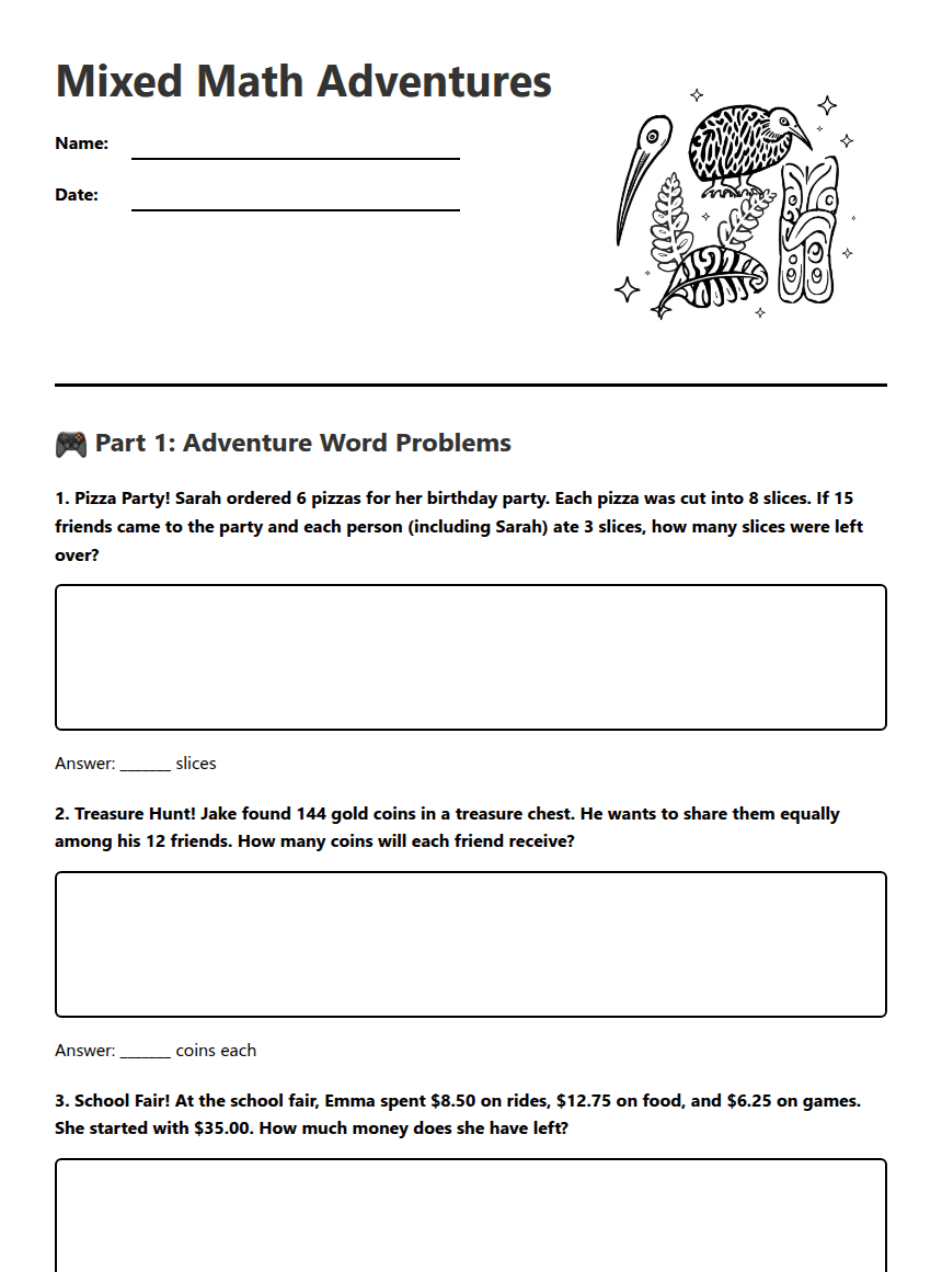 Mixed Math Adventures worksheet preview