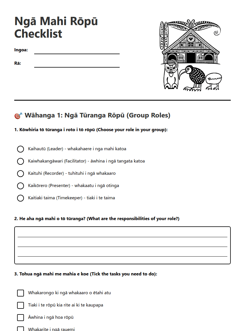 Ngā Mahi Rōpū Checklist worksheet preview