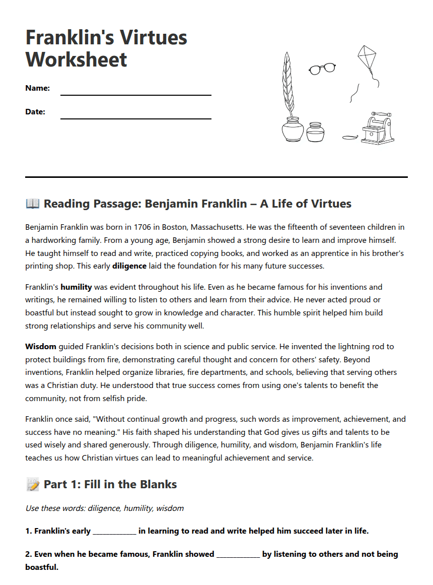 Franklin's Virtues Worksheet worksheet preview