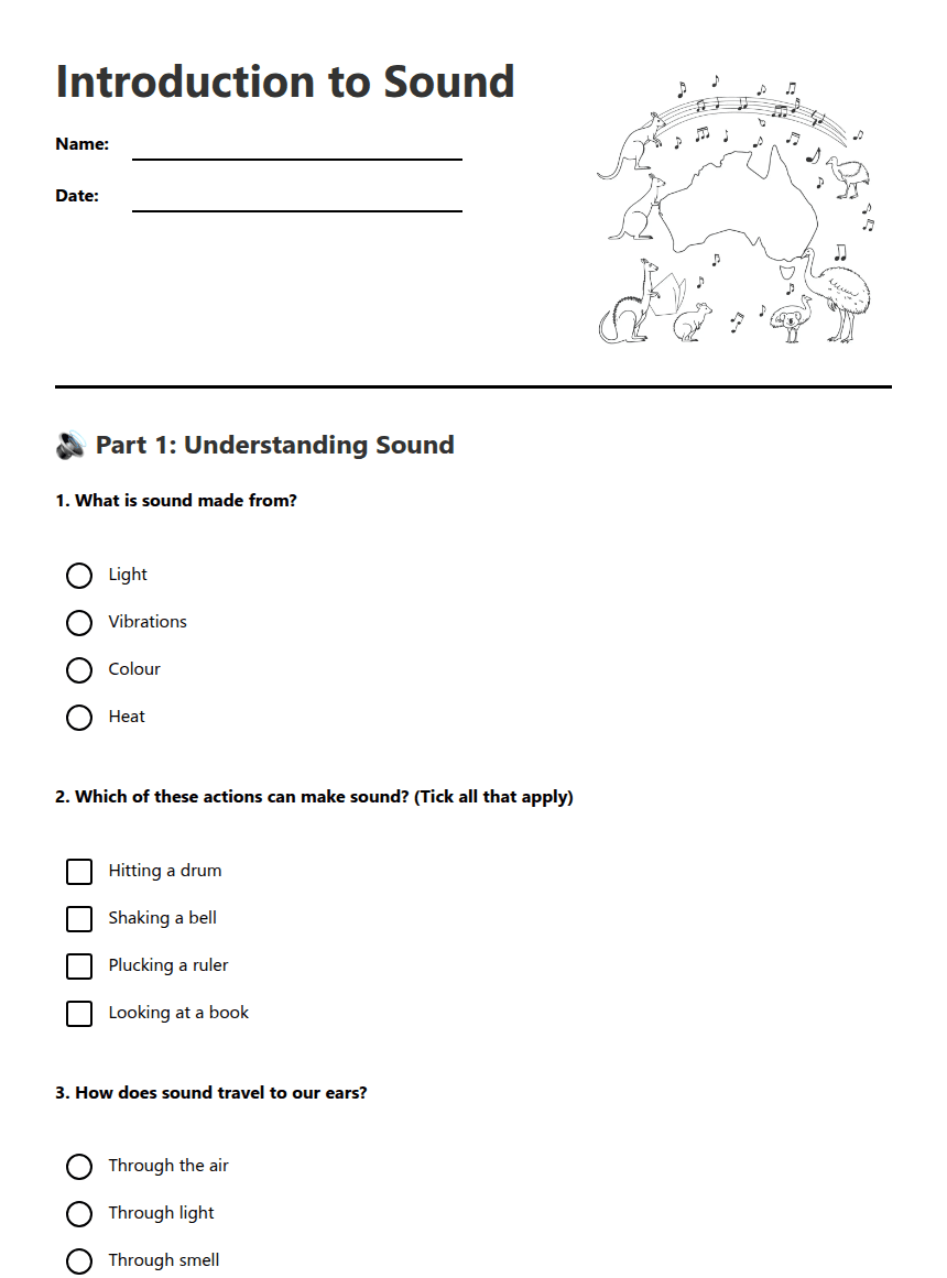 Introduction to Sound worksheet preview