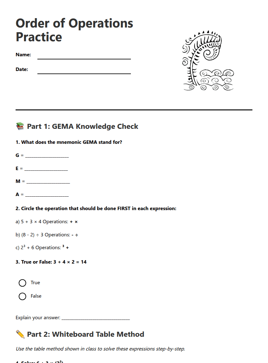 Order of Operations Practice worksheet preview