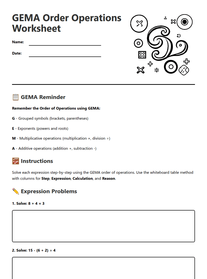 GEMA Order Operations Worksheet worksheet preview