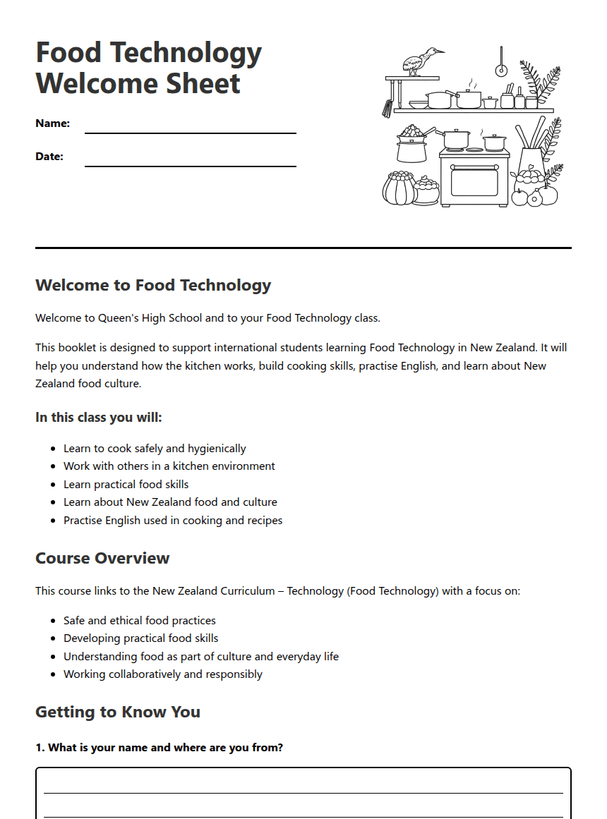 Food Technology Welcome Sheet worksheet preview