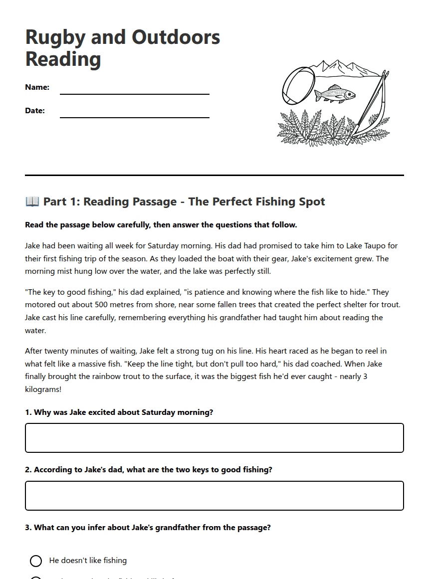 Rugby and Outdoors Reading worksheet preview