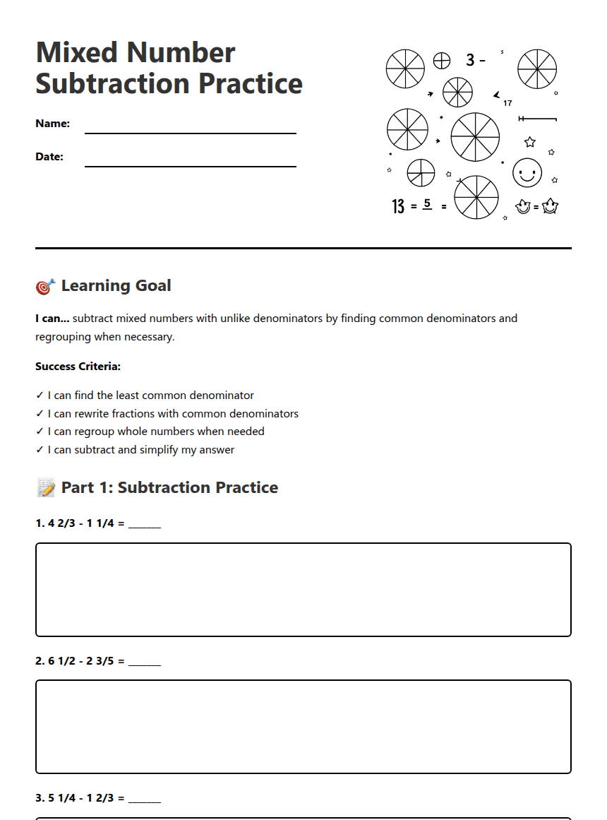 Mixed Number Subtraction Practice worksheet preview