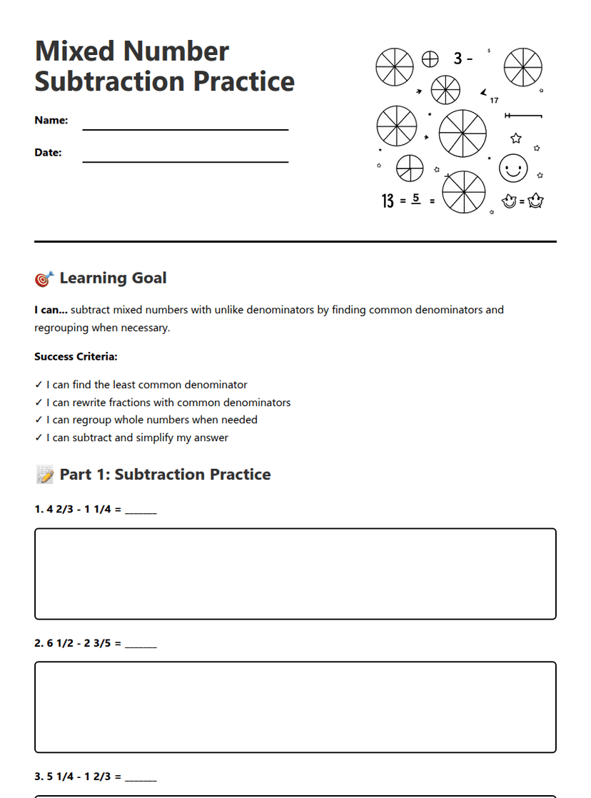 Mixed Number Subtraction Practice