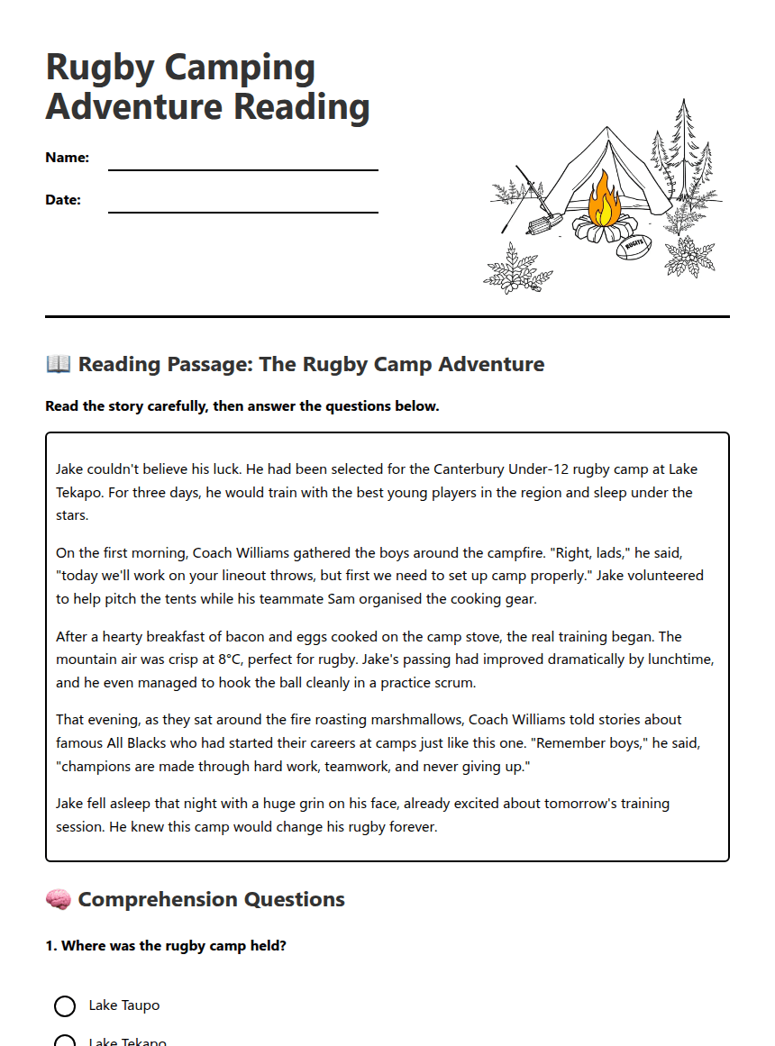 Rugby Camping Adventure Reading worksheet preview